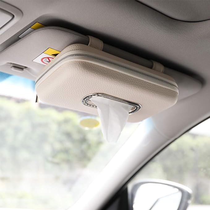 Car Tissue Holder, Sun Visor Napkin Holder, Car Visor Tissue Holder, Luxury PU Leather Backseat Tissue Case Holder (Beige)