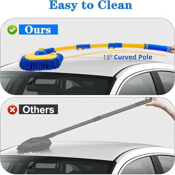 MVEQRRN 15°Curved Chenille Car Wash Brush Mop with Long Handle(Blue) | Car Washing Mitt & Brush Kit, Scratch-Free Replaceable Head, Microfiber Towel for Auto Detailing, Car, SUV Exterior