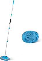 Car Wash Brush with Long Handle, Scratch-Free Microfiber Mop Mitt, Swivel Head, Detachable Head, Extends to 62 inches with 4 Poles, for Car RV Truck, Blue