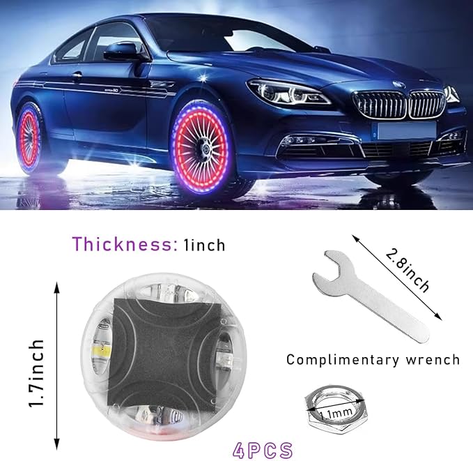 4PCS Car Tire Wheel Lights, Colorful Flashing LED Air Valve Cap Lights with Motion Sensor, Solar Waterproof Tire Light Gas Nozzle for Truck Bike Motorcycle, Car Accessories