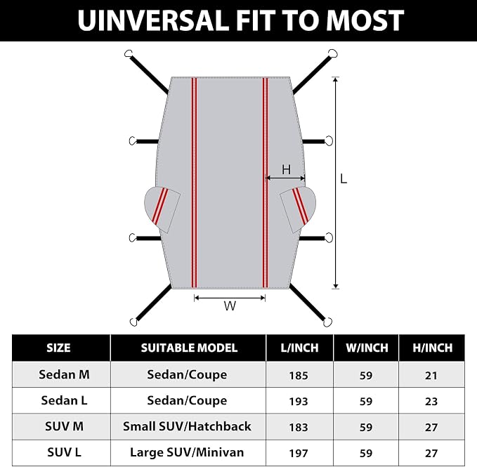 Half Car Cover Top with Red Reflective Strip, Snow Car Cover with Cotton Liner, Sunroof & Windshield Cover for Ice and Snow, All Weather Car Body Cover Fit for Compact Sedan