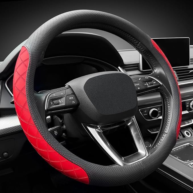 Nappa Leather Steering Wheel Cover, Elegant Diamond Checkered Design, Non-Slip wear-Resistant, Enhance Driving Comfort, Suitable for Steering Wheel Diameter 14 1/2‘-15’ Models.Black Red