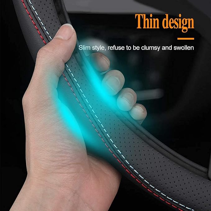Latest Nappa Leather car Steering Wheel Cover, Stylish Non-Slip Leather car Interior 15 inches Universal（Black）