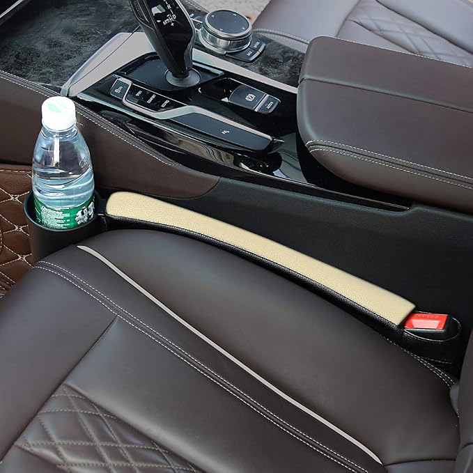 2 Prices Car Seat Gap Filler Pad PU Leather Console Side Pocket Organizer and one Cup for Cellphone Wallet Coin Key (Black+Beige)