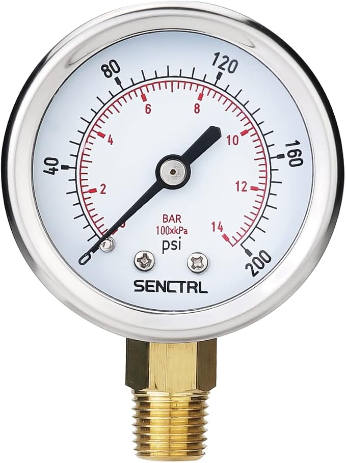 200 Psi Pressure Gauge, 2" Dial Size, 1/4 NPT Lower Mount, Waterproof, Stainless Steel Case, for Water Filter Pneumatic Regulator Air Compressor Tire Pressure Test