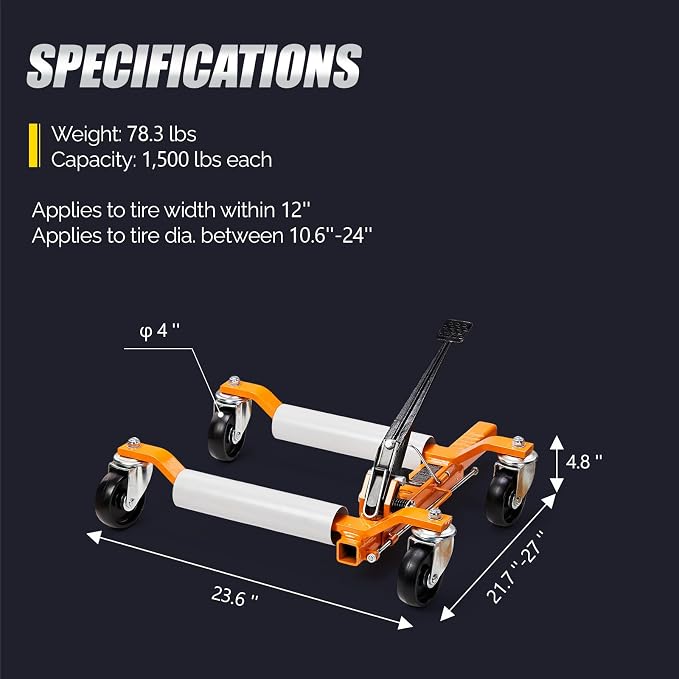 Car Wheel Dolly Set of 4, Mechanical 6000-lbs Car Dollies, 12'' Wheel Vehicle Positioning Jack, No Assembly, Heavy Duty Rollers w/Ratcheting Foot Pedal, for Tire Auto Repair,Orange