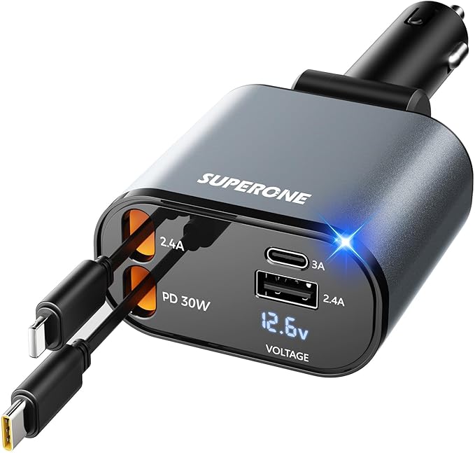 【Upgraded】 Retractable Car Charger 4 in 1, Fast Car Phone Charger with Cord 2.6ft, USB C and Apple Car Charger Adapter, Compatible with iPhone 17 16 15/15 Pro Max/14/13/12/11, Galaxy, Pixel