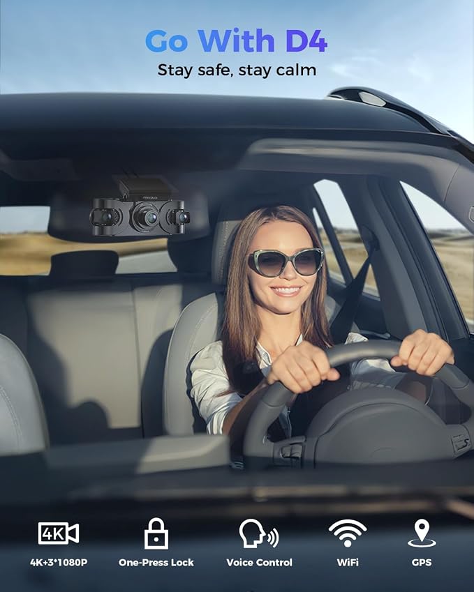 4K 360° Dash Cam, 4 Channel Dashcam Front and Rear Inside & Outside with WiFi, GPS, Parking Mode, Voice Control, Car Protection for Safer Driving, Teens, Road Trip, Travel, Family & Vanlife