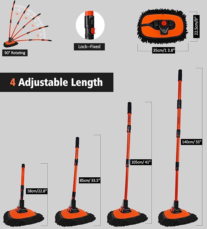 57'' Car Wash Brush with Long Handle Chenille Microfiber Car Wash Kit Mitt Retractable Bent Pole Car Wash Mop for Cars RV Truck Boat (Orange-2)