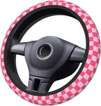 Hot Pink Checkered Steering Wheel Cover for Women, Universal Auto Steering Wheel 14-15 Inch Car Interior Accessories with 2PCS Car Coasters, Suitable for Men and Women