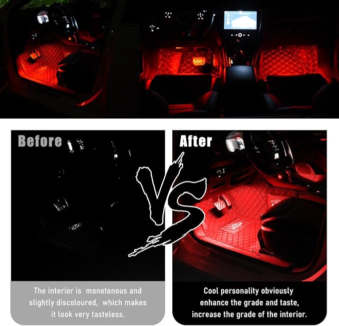 Wevdn Car Interior LED Strip Light, 12V 24 LED Neon Ambient Night Light with Cigarette Lighter Plug, Automotive Atmosphere Decorative Under Dash Lighting Kit, Car Accessories (Red)