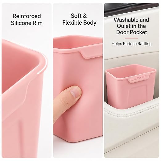 Pink Car Door Trash Can 2 Pack, Mini Silicone Auto Garbage Bin for Front Door Pockets, Waterproof Small Car Trash Holder with Reinforced Stay-Open Rim, Cute Car Accessories for Women