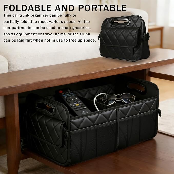 Car Trunk Organizer, Car Organizers and Storage, Large Capacity Vehicle Storage Bag with 6 Pockets, Auto Accessories Foldable & Portable Cargo Organizers for SUV Minivan Truck (Black)