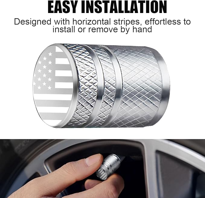 Tire Valve Stem Caps - (4 Pack) American Flag Metal Air Caps with Plastic Liner, Durable, Corrosion Resistant and Leak-Proof, Universal Fit for Cars, Trucks, Motorcycles, and Bikes - Silver