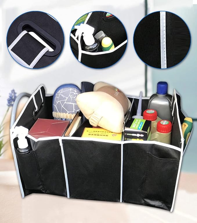 Car Trunk Organizer, Black, 3 Large Sections of Storage, Store Your Cleaning Supplies, Emergency Gear, Groceries, Tools, Great For On The Go Moms