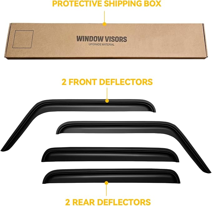 Window Visors for 2007-2018 Jeep Wrangler JK Unlimited 4-Door, Rain Guards Shields Vent Deflector Shade Dark Smoke 08 09 10 11 12 13 14 15 16 17, Tape-On, 4PCS