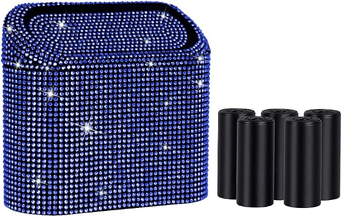 Car Trash Can with Lid, Mini Vehicle Trash Bin Car Dustbin Garbage Organizer,Bling Crystal Automotive Garbage Can Bin Trash Container for Auto Cars, Home, Office,Deep Blue
