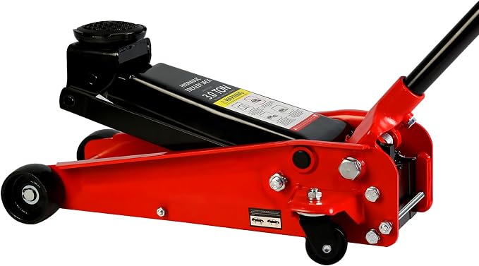 Professional Heavy Duty Hydraulic Floor Jack - Low Profile Steel Racing Jack With Piston Quick Lift Pump, 3 Ton (6,000 lb) Capacity, 5.1"-20" Lifting Range, Red