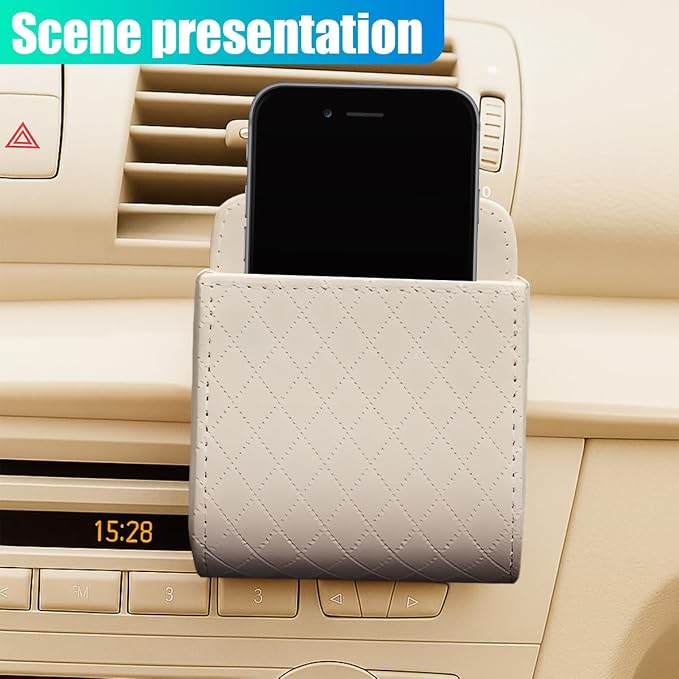 YoRise Car Air Vent Storage Bag, PU Leather Auto Hanging Storage Pouch with Hook, Portable Car Console Organizer, Vehicle Dashboard Organizer Accessories for Key, Cell Phone, Coin, Sunglasses (Beige)