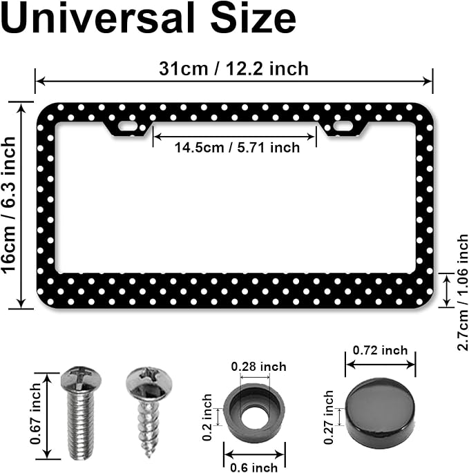 Polka Dots License Plate Frames，Polka dots Car Accessories for Women and Men ，Cute License Plate，Aluminum License Plate Frame Fits Standard US Vehicles Size 12.2 x 6 Inch (Black-Polka dots)