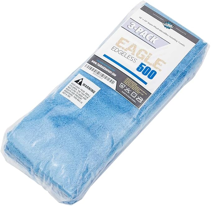 Eagle Edgeless 500 (3-Pack) Professional Korean 70/30 Blend Super Plush Microfiber Detailing Towels, 500GSM, 16in x 24in, Blue