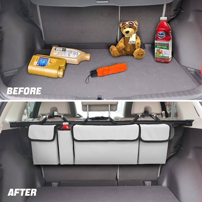 Car Trunk Organizer, Backseat Hanging Large Storage with Adjustable Straps, Waterproof Collapsible Cargo Bag with 4 Pockets, Sturdy Space Saver Frees Trunk Floor for SUV, Truck, MPV