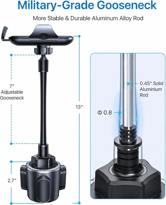 Military-Grade Cup Holder Phone Holder, [Solidest Metal Gooseneck] Universal Cup Phone Holders for Your Car Truck Golf, 360° Adjustable Cup Holder Cell Phone Mount for iPhone Samsung Google