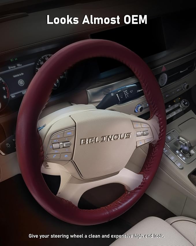 Leather Steering Wheel Cover Lace Up, Stitch on Steering Wheel Wrap, Universal Fit 13-20 Inch Car Truck Pickup Boat, A Whole Piece of Cowhide, DIY w/Needle Thread (Size M5, Wine Red)