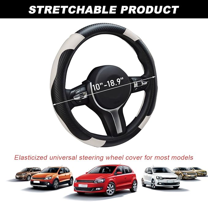 Car Steering Wheel Cover, 15 Inch Carbon Fiber Leather Stitching Color Steering Wheel Protector, Anti-Slip Elastic Breathable Steering Wheel Cover Stylish Decor for Most Cars (Black & White)