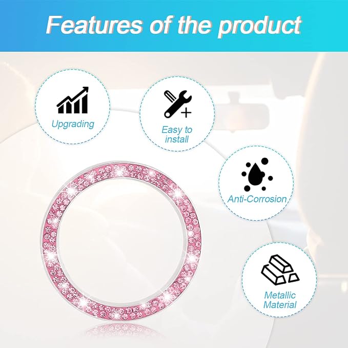 Car Bling Crystal Rhinestone Engine Start Ring Decals, 2 Pack Car Push Start Button Cover/Sticker, Key Ignition Knob Bling Ring, Sparkling Car Interior Accessories for Women (Double Pink)