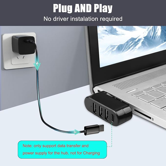 4-Port USB C Hub [90°/180° Degree Rotatable], USB C Adapter Splitter with PD-in 5W Port, USB Extender for MacBook, iMac, Surface, and More C Port Laptop(Not for Car)
