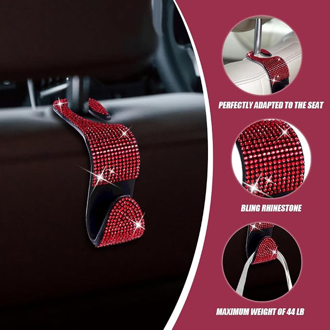 2 Pack Car Hooks, Bling Rhinestones Crystal Hooks, Auto Seat Back Organizers, Car Decorations Backseat Hanger, Car Seat Hooks Perfect for Holding Handbags, Clothes, Purses and Water Bottles
