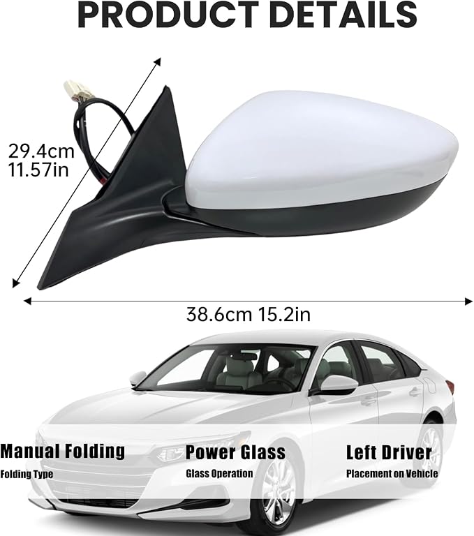 Left Driver Side Mirror Compatible with 2018-2022 Honda Accord LX Sport Power Glass | Heated | with Blind Spot | Manual Folding Repalces HO1320329 (7Pins-Pearl White)