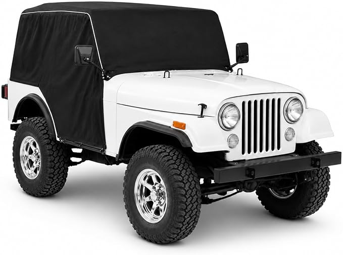 600D Cab Cover Windproof Sunshade Cover Compatible with Jeep Wrangler CJ5 1976-1986 2 Door, 6-Layer Protection Frost Wiper & Mirror Covers Protect from Sunshine, UV, Snow, Rain