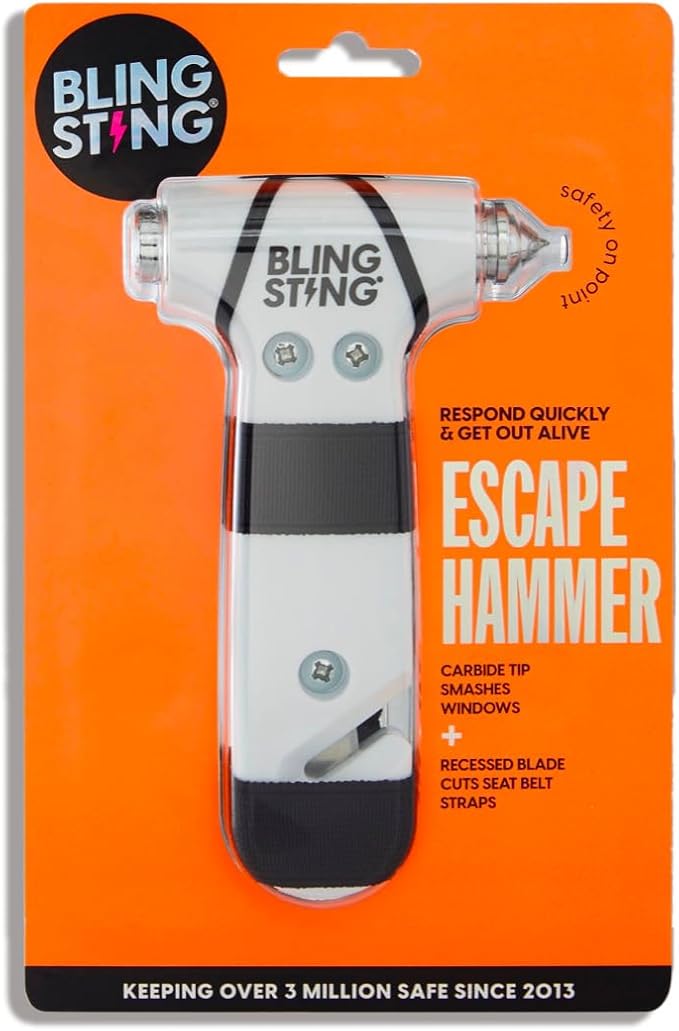 Safety Hammer - Emergency Automotive Escape Tool with Window Breaker, Seat Belt Cutter & Adjustable Car Visor Strap - Tempered Glass Breaker - Steel Blade - White (1 Count)