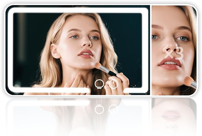 LED Car sun visor vanity mirror, equipped with 3x magnifying glass and three-color adjustable brightness soft light makeup LED mirror, rechargeable, suitable for all models (White)