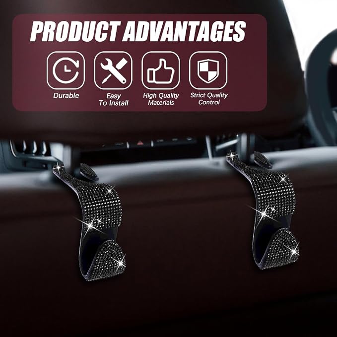 2 Pack Car Hooks, Bling Rhinestones Crystal Hooks, Auto Seat Back Organizers, Car Decorations Backseat Hanger, Car Seat Hooks Perfect for Holding Handbags, Clothes, Purses and Water Bottles