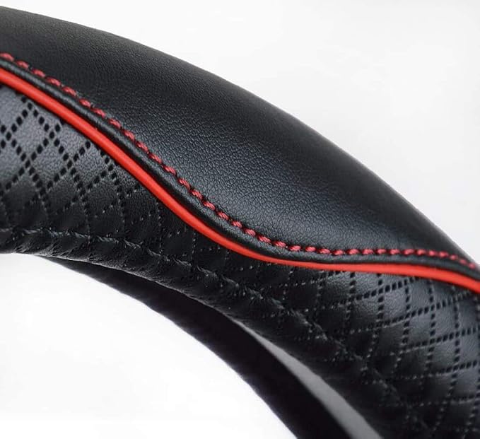 Steering Wheel Covers Universal 15 inch - Genuine Leather, Breathable, Anti Slip & Odor Free (Black with Red Lines, M(14" 1/2-15" 1/4))