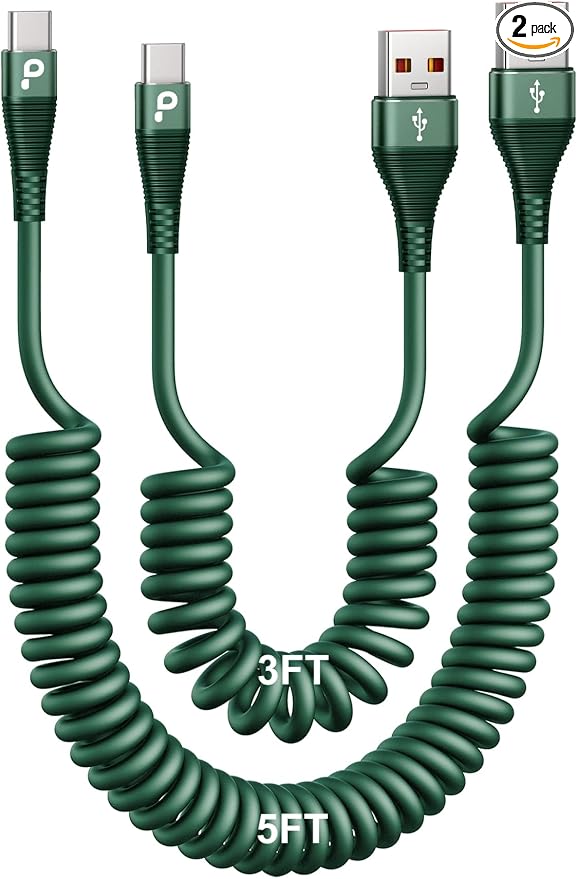 USB C Cable Fast Charging 60W 3FT/5FT, Coiled USB A to USB C Cable for Car, iPhone USB C Cable USB to Type C Charging for iPhone 17/16/15 Pro Max/Samsung Galaxy S20 S10 and More USB C Devices-Green