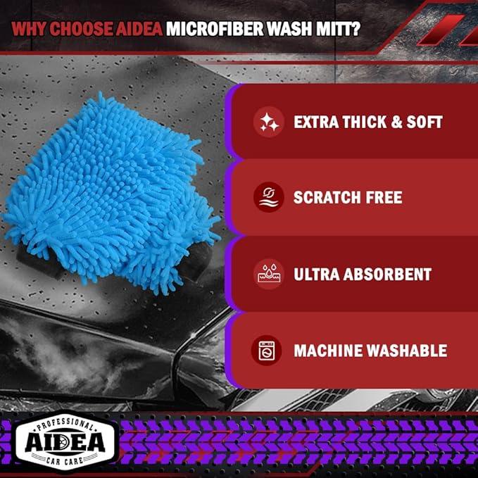 AIDEA Car Wash Mitt Microfiber, 2PK, Car Wash Brush, Blue, 7.12' X10.14'' | Scratch Free Lint Free Premium Chenille Microfiber Mitt, Cleaning Supplies, Regular Size