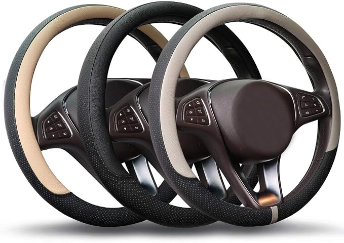 Breathable Car Steering Wheel Cover 15 inch Auto Universal Leather Wrap Non-Slip Steeringwheel Protector Automotive Interior Accessories, Black (Suit for 14 1/2-15 inch)