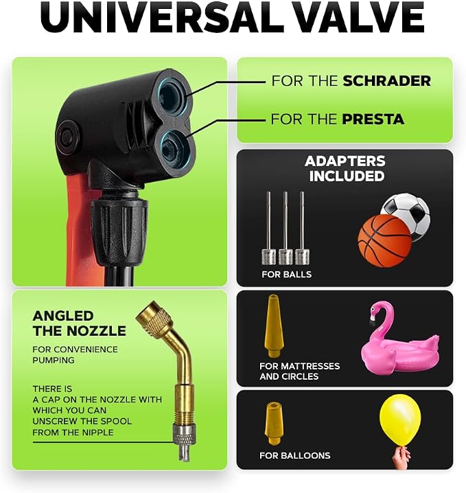 Bike Pump Floor Pressure Gauge, Advanced Bike Tire Inflator, Bicycle Hand Air Pump with Dual Presta and Schrader Valves, Handheld Bike Pump, Suitable for Road and Mountain Bikes, Baby Stroller, Balls