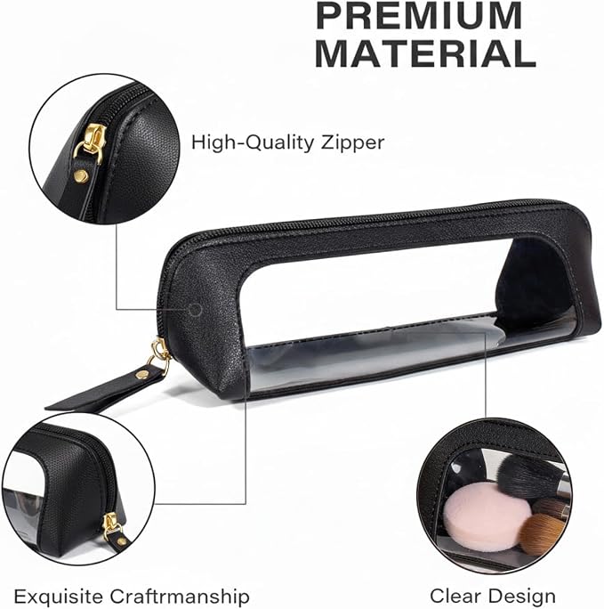 Small Clear Makeup Bag, PU Leather Travel Makeup Brush Case Portable Transparent Waterproof Cosmetic Organizer Pouch with Zipper for Women Home Travel Office Cosmetic Storage (Chic Black)