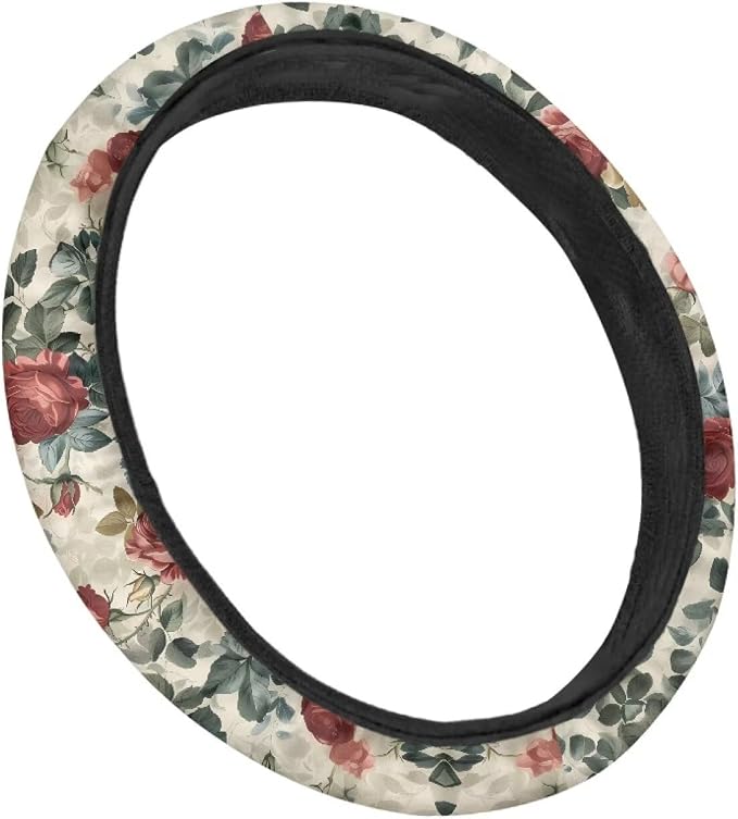 Car Steering Wheel Cover Retro Rose Red Yellow Pattern Easy to Install Car Wheel Cover Protector Car Decoration Steering Wheels Accessories for Van Car SUV Truck