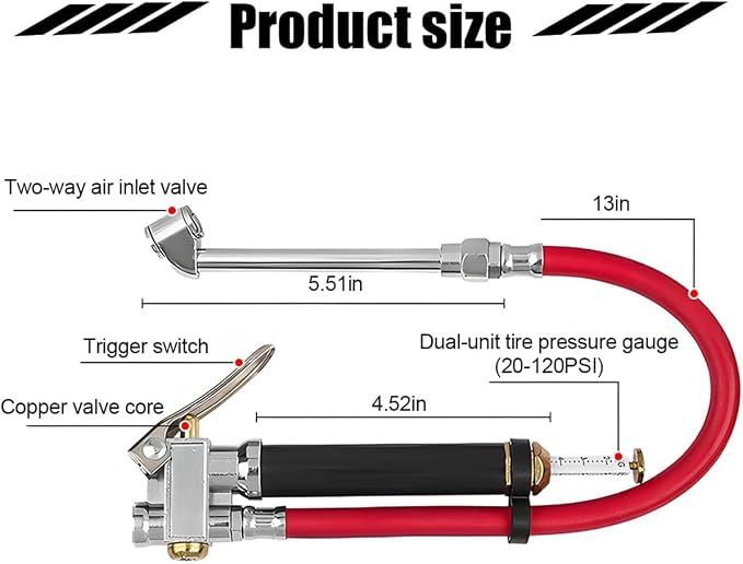 Heavy Duty Bayonet Style Tire Inflator with Air Chuck, 0-200PSI 17PCS Auto Tire Pressure Gauge with 4 Way Tool & Valve Core, Air Compressor Accessories, Universal for Sedan Truck SUV (Red)