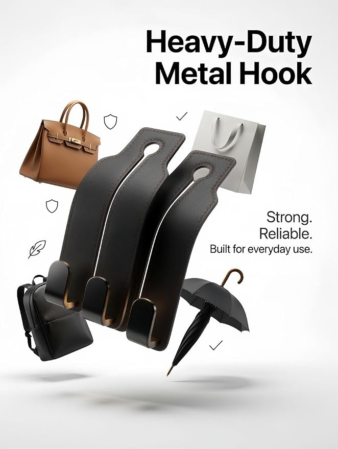 2 Pack Car Seat Headrest Hooks, Black Leather Car Purse Hangers with Red Stitching, Vehicle Back Seat Organizer Hooks for Handbags, Grocery Bags, Keys, Jackets and Accessories