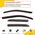 4pcs Smoke Tint Rain Guard Window Visors Compatible with 2019-2025 Dodge Ram 1500 New Body Quad Cab (2 Full-Size Doors, 2 Half-Size Doors) Tape-On Vent Deflector Car Accessories Out-Channel