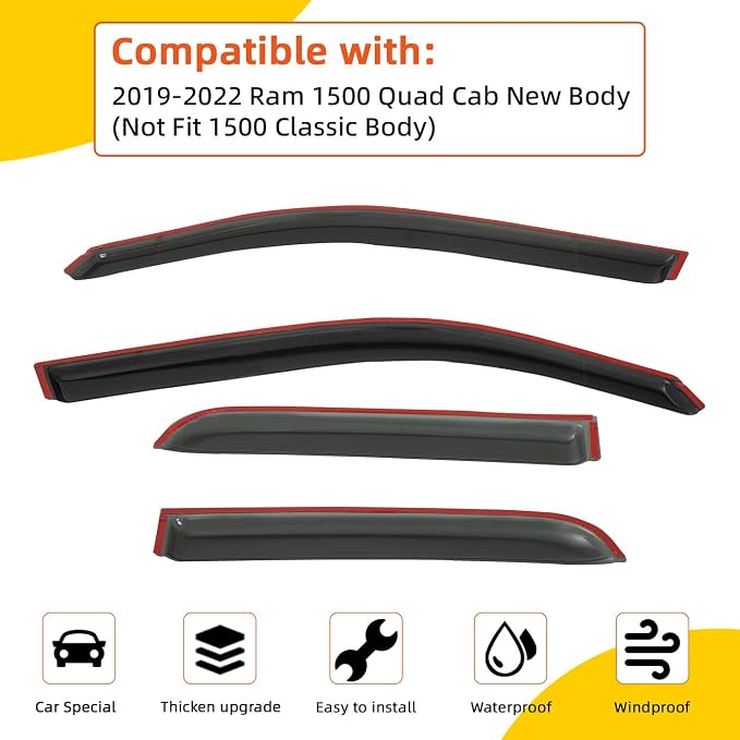4pcs Smoke Tint Rain Guard Window Visors Compatible with 2019-2025 Dodge Ram 1500 New Body Quad Cab (2 Full-Size Doors, 2 Half-Size Doors) Tape-On Vent Deflector Car Accessories Out-Channel