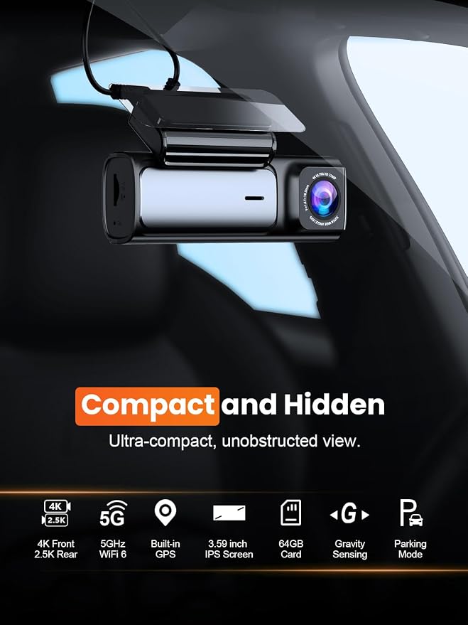 4K+2.5K Dash Cam Front and Rear, Built-in 5G WiFi 6 GPS, 64GB Card Included, 3.59'' IPS Screen Dash Camera for Cars, Dual Dashcam with G-Sensor, Loop Recording, 24H Parking Monitor
