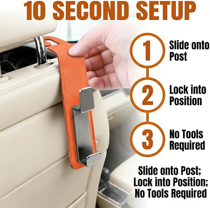 Car Seat Headrest Hook, Multifunctional Vehicle Backseat Hanger Organizer for Purse Handbag Coat, Auto Seat Back Phone Holder Storage Hook, Universal for Sedan Truck SUV (Orange)